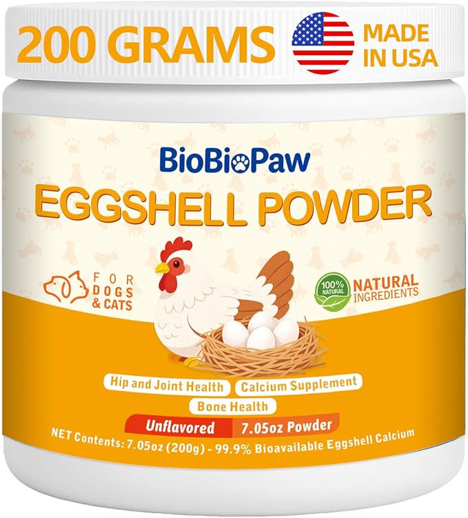 Eggshell Powder for Dogs & Cats Finely Ground Dog Calcium Supplement No Additives Crushed Calcium for Puppies Supports Bones, Teeth, Hips, Joints & Mobility Made in USA 200 Grams