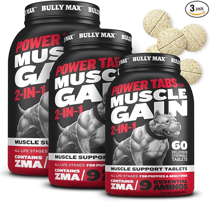 Bully Max 2-in-1 Muscle Builder Chewable Tablets for Dogs - Puppy & Dog Vitamins, Supplements for Muscle Gain & Growth - Canine Multivitamins Essentials for All Breeds & Ages - 60 Tabs, 3 Bottles