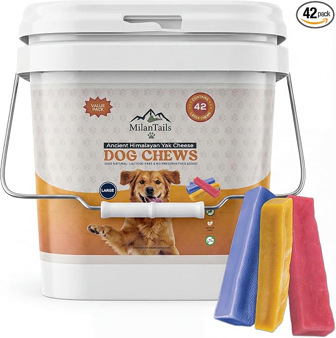 Premium Natural Fruit-Flavored Himalayan Yak Chew for Dogs, All-Natural, Long-Lasting (Large 42 Pack Bucket, Assorted(Strawberry, Blueberry, Original))
