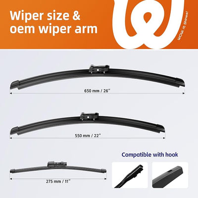 26"+22" Windshield Wiper Blades with 11" Rear Wiper Replacement for VW Volkswagen Atlas 2018 2019 2020 2021 2022 2023-OEM Quality All-Weather Pinch Tab Wipers(Set of 3)