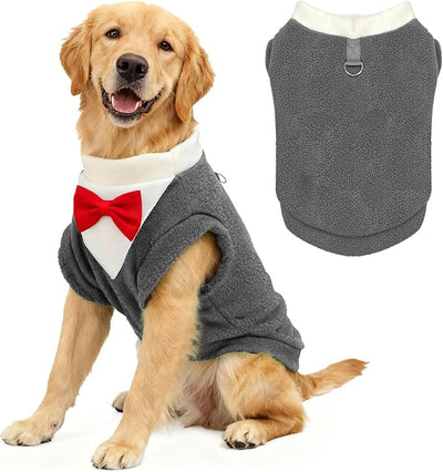 Cute Dog Fleece Sweater with D-Ring, Fall Winter Dog Clothes Tuxedo Costume with Bowtie, Soft Puppy Sweatshirt Golden Retriever Apparel Doberman Outfits for Small Medium Large Dogs(Grey,8XL)