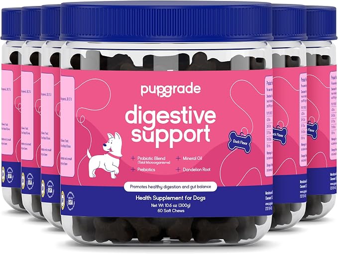 Digestive Support for Dogs - Prebiotic + Probiotic Supplement with Enzyme Blend - Gut and Immune Support - Pumpkin, Blueberry, Mineral Oil, Duck Flavor - 360 Soft Chews