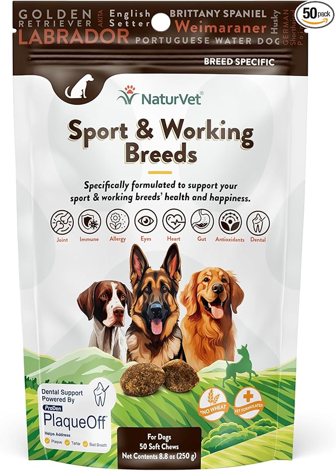 Sport Breed Supplement- for Joint Support, Digestion, Skin, Coat Care- Dog Multivitamins with Minerals, Omegas, PlaqueOff- Wheat-Free Vitamins for Dogs- Sport and Working Breed- 50 Soft Chews