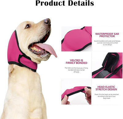 Dog Ear Cover for Bath and Swimming, Dog Ear Muff for Noise Protection, Waterproof Dogs Ear Wrap Shower Swim Cap, Breathable & Adjustable Quiet Ear for Dogs Anxiety Relief Calming Hood (Rose red, L)