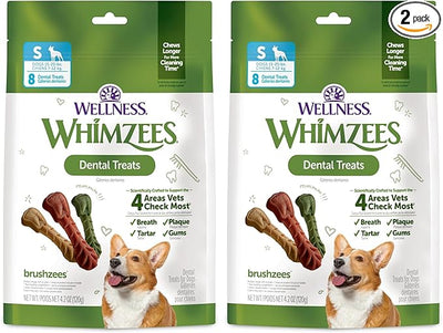 Whimzees Wellness Brushzees Dog Dental Treat, VOHC Accepted Chews, Freshens Breath, Small Size, 4.2 oz Bag, 8 Count (Pack of 2)