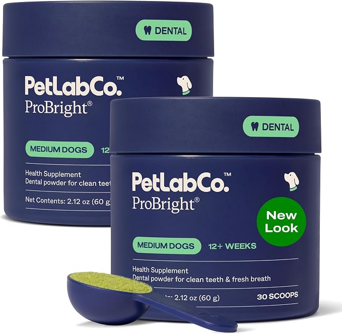 PetLab Co. ProBright Dental Powder - Dog Breath Freshener - Teeth Cleaning Made Easy – Targets Tartar & Bad Breath - Formulated for Medium Size Dogs - Pack of 2