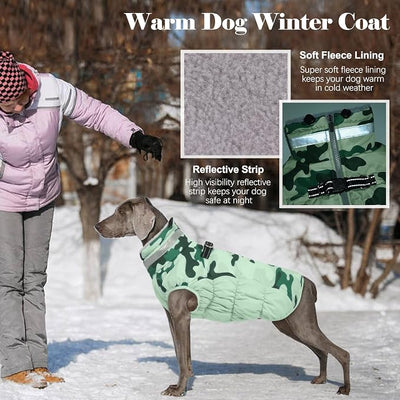 Lelepet Warm Dog Winter Coat Dog Coats for Large Dogs Waterproof Dogs Jacket with Harness Built in Reflective Cold Weather Coats Zip-Up Winter Fleece Vest Snowsuit Boston Terrier Mint Green Camo L