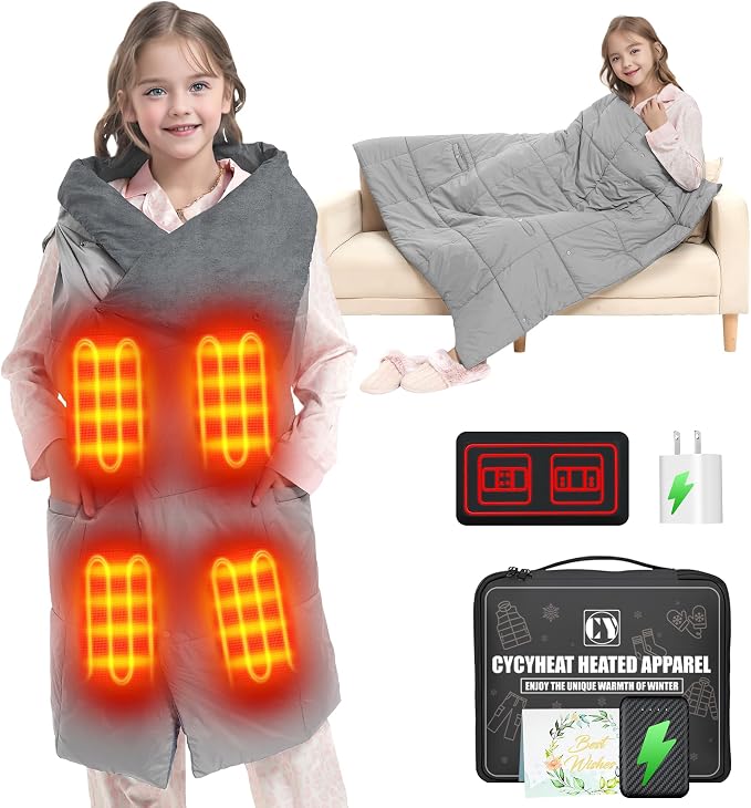 CYCYHEAT Kids Heated Blanket Battery Operated - Boys and Girls 7.4V DC Portable Cordless USB Heating Blanket for Outdoors