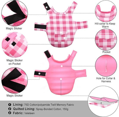 ASENKU Dog Winter Coat, Fleece Doggie Jacket Plaid Reversible Vest Waterproof Windproof Cold Weather Clothes for Small Medium Large Dogs (XS, Pink)