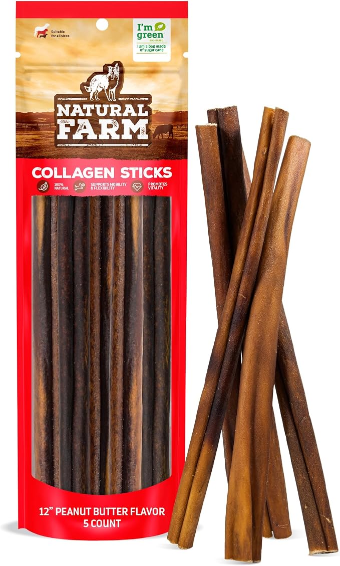 Peanut Butter Flavor Collagen Sticks for Dogs (12 Inch, 5 Pack), Long-Lasting Beef Collagen Sticks, Rawhide Alternative Chews with Chondroitin & Glucosamine, Low-Fat Dental Treats