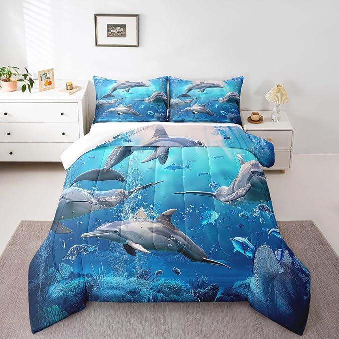 Dolphin 3D Marine Animals Duvet Set - Full Size Blue Ocean Comforter & 2 Pillow Cases, Soft