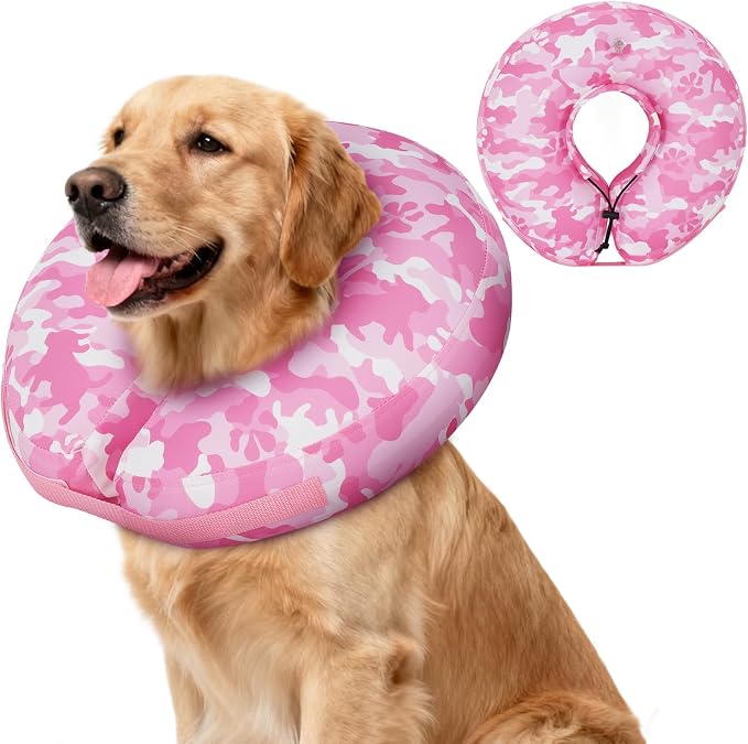 IEUUMLER Inflatable Recovery Dog Cone Collar, Neck Donut Protective ECollar, Adjustable Soft Collar for Dog and Cat After Surgery Prevent from Biting & Licking EU020 Pink Camo XL