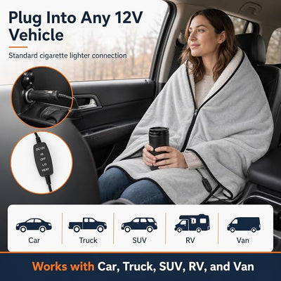 Sojoy 12V Heated Car Blanket with Zipper Wearable Design, Flannel Sherpa Electric Blanket for Car Truck SUV RV Van, Portable Heated Shawl, Light Gray