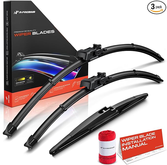 A-Premium 26"+19"+12" Windshield Wiper Blades with Wear Indicator & Towel | Compatible with Jaguar F-Pace 2017-2024, Front Rear Wipers Blade Set, TLP/RL4 Arm Connector, Pack of 3