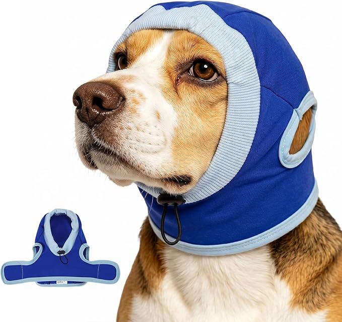 Dog Ear Cover Muffs for Dogs Soft Calming Hood that Helps Dogs Feel More Comfortable During Fireworks Thunderstorms Grooming & Travel Adjustable Dog Ear Wrap(Blue,S)
