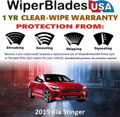 WiperBladesUSA Wiper Blades Set w/ 1yr warranty compatible with Kia Stinger 2019 Wipers (Set of 2) Pulse Wipers