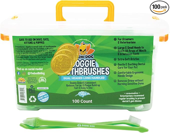 Dual-Headed Toothbrush for Dogs & Cats - Soft Bristles for Gentle Pet Dental Care - Puppy & Adult Teeth Cleaning - Easy-to-Use Design for Healthy Gums & Fresh Breath (100 Count)