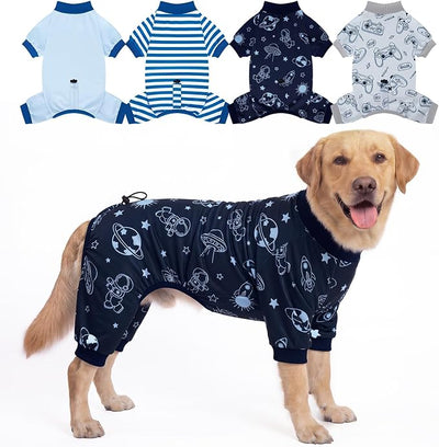 XPUDAC 4 Pack Dog Pajamas for Large Breeds, Dog Onesie with Drawstring Adjustable Lightweight Stretchy Pet Clothes for Large Dogs Boy Shed Defender Doggie Suit Pet Outfit, 3XL