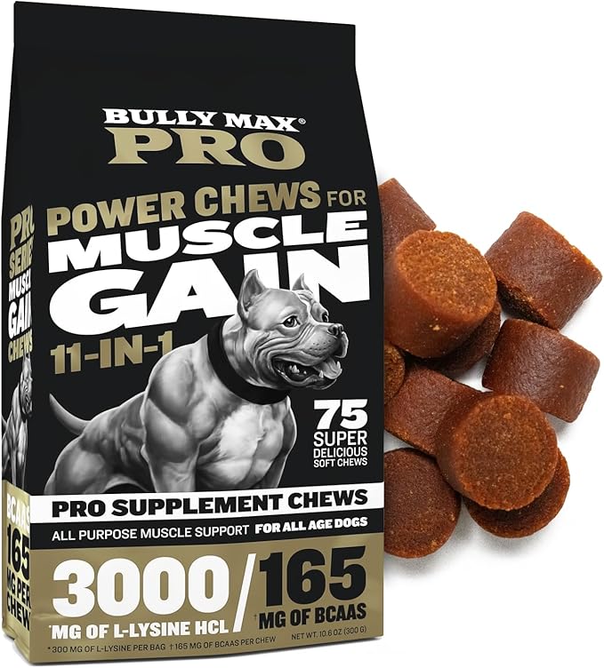 11-in-1 Dog Muscle Builder Power Chews - High Protein Muscle Gain Supplement with Amino Acids - Vet-Recommended for Puppy & Adult Canines, All Breeds & Ages - Made in USA - 75 Soft Chews