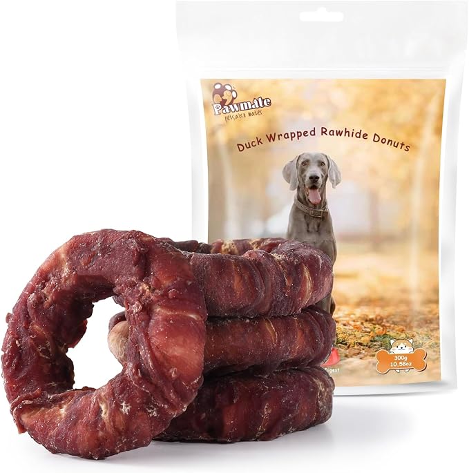 Duck Rawhide Dog Treats Donut, Long Lasting Dog Chews with Duck Wrapped Rawhide, Natural Dog Treats for Medium and Large Aggressive Chewers, High Protein Dog Snacks, 4 Counts