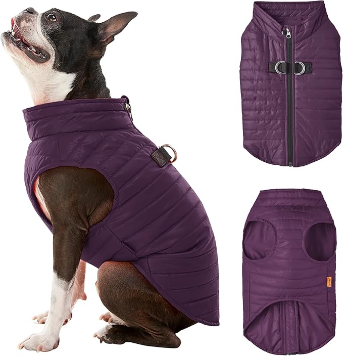 Gooby Puffer Vest - Grape, Small - Ultra Thin Zip Up Windbreaker with Dual D Ring Leash - Water Resistant Dog Sweater Coat for Small Dogs