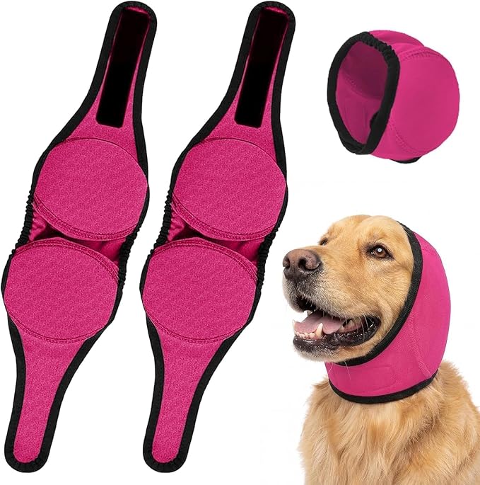 2PCS No Flap Ear Wraps for Dogs, Dog Ear Muffs Noise Protection, Adjustable Calming Dog Ear Protection, Soft Breathable for Grooming, Thunder, Fireworks & Travel (Rose, L)