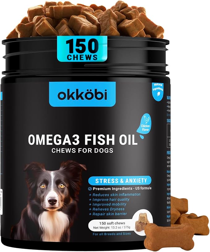 Omega 3 Chews for Dogs - 150Pcs - Dog Skin and Coat Supplement - Rich in EPA & DHA Fatty Acids - Itching Skin Relief Chews - Reduce Hair Shedding - Made with Fish Oil - Chicken