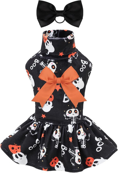 CuteBone Turtleneck Dog Velvet Dress Halloween Puppy Skirt Costume Pet Clothes Cat Apparel with Bow Hair Rope for Small Dogs CVD22XS