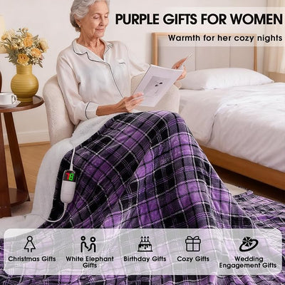 Purple Heated Blanket Electric Throw, 50X60 Heating Blanket with 10 Heating Levels & 8 Hours Auto Off, Purple Plaid Sherpa Blankets Winter Warmer, Home Decor for Couch Bed Office,Gifts for Mom, Women