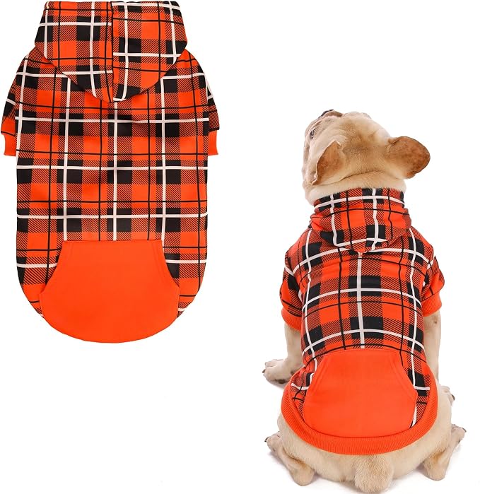 EXPAWLORER Plaid Dog Hoodie - British Style Warm Dog Sweater Shirt with Leash Hole,Pitbull Clothes Outfits,Winter Coat Apparel for All Breeds Puppy Girl Boy-Cat Apparel,Orange S-Medium