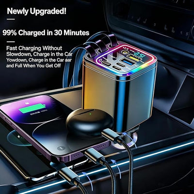 7 in 1 Retractable Car Charger,102W Star Lights Fast Charging Car Charger | Car Charger USB C,Car Accessories,Voltage Smart Display,3 Retractable Cables for iPhone 17 Pro/16/15/14,Galaxy S26,Pixel 10