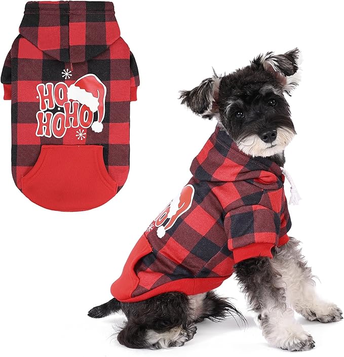 Christmas Dog Hoodie, Red Plaid Pet Sweater, Hat Hooded Sweatshirt Dog Clothes for Small Medium Large Dogs Boys Girls, Soft Warm Winter Cold Weather Coat with Leash Hole&Pocket, Santa, S