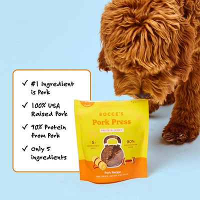 Bocce's Bakery Pork Press Jerky Protein Cuts Dog Treats – Natural & High-Protein, Wheat-Free, Made with Limited and Real Ingredients – Baked in The USA with No Added Salt or Sugar, 5oz