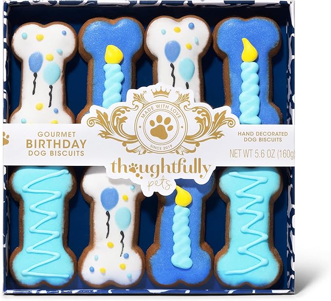 Pets, Blue Dog Birthday Cookie Gift Set, Hand Decorated Crunchy Dog Treats in Bone Shapes, Great for Birthdays, Set of 8