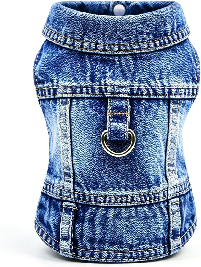 Dog Jean Jacket, Blue Denim Shirt Classic Lapel Vest Coat Costume Puppy T-Shirt, Comfort Tank Top Cool Apparel, Washed Pet Clothes for Dogs Boy Girl (with D-Ring, Medium)