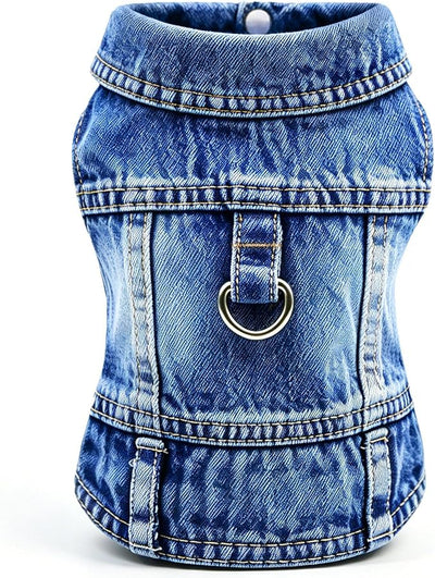 Dog Jean Jacket, Blue Denim Shirt Classic Lapel Vest Coat Costume Puppy T-Shirt, Comfort Tank Top Cool Apparel, Washed Pet Clothes for Dogs Boy Girl (with D-Ring, Small)