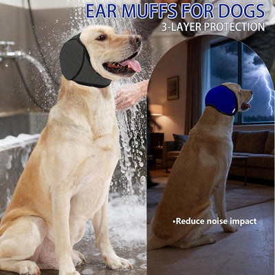 Dog Ear Covers,Dog Ear Muffs Noise Protection,No Flap Ear Wrap for Dogs Hematoma Recovery,Adjustable Calming Hoodie Shower Cap for Grooming,Bathing,Swimming & Anxiety Relief(Grey&Blue,S)