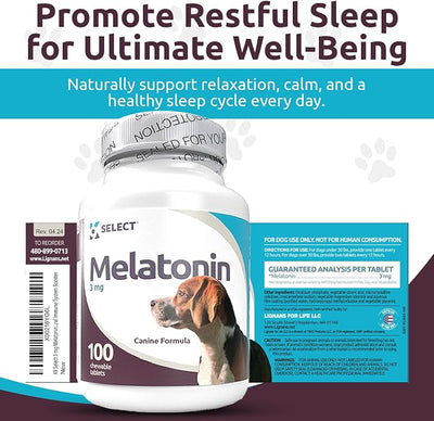 K9 Select Melatonin for Dogs - Calming Treats, Sleep Aid - High Antioxidant Helps with Immune System Booster - Wellness - 3 mg, 100 Vegetarian Capsules