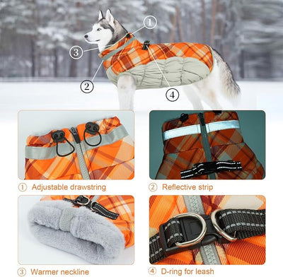 Lelepet Warm Dog Winter Coat Dog Coats for Medium Dogs Waterproof Dogs Jacket with Harness Built in Reflective Cold Weather Coats Windproof Zip-Up Winter Fleece Vest Snowsuit Dachshund Orange Plaid