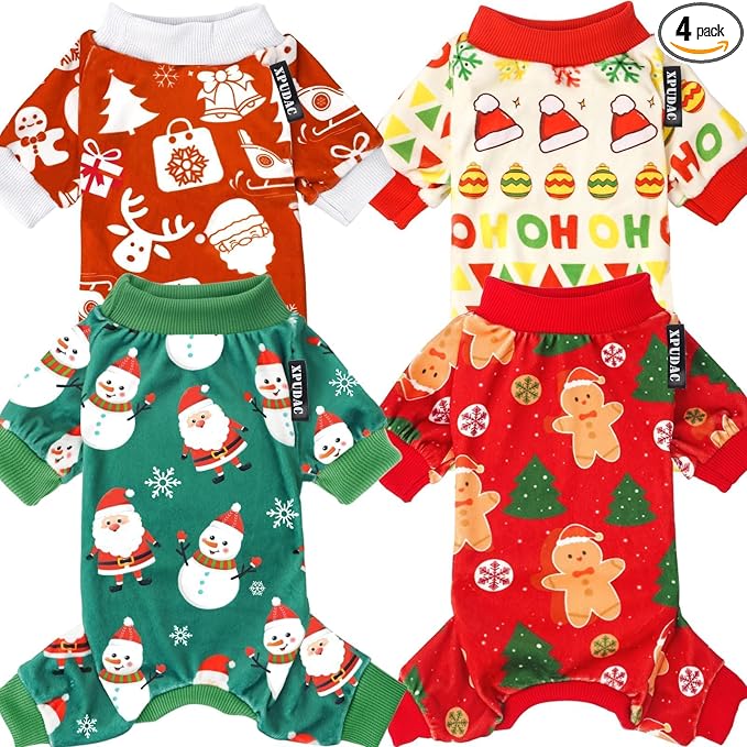 4 Pieces Dog Christmas Pajamas Santa Pet Clothes Cute Snowman Dog Pajamas Costumes for Doggie Red Green Small