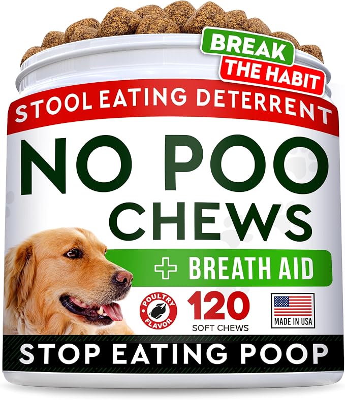 No Poo Chews for Dogs - Coprophagia & Stool Eating Deterrent with Probiotics, Digestive Enzymes & Breath Aid Support - Stop Dog Poop Eating (120Ct, Poultry)