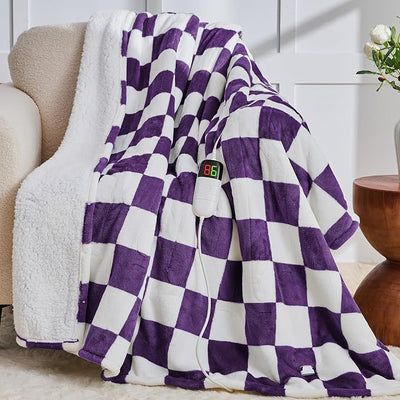 Heated Electric Blanket Throw, 50X60 Heating Blanket with 10 Heating Levels & 8 Hours Auto Off for Lap, Deep Purple Checkered Plaid Soft Sherpa Blankets, Gifts for Mom, Grandma Women Couch