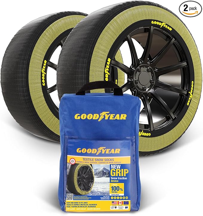 Goodyear Grip Snow Socks for Tires. Designed for All Tire Brands. Textile Chain Replacement for Optimal Traction in Snow & Ice. Easy Install. Emergency Winter Safety Solution, Multi-Season Use. Sz XXL