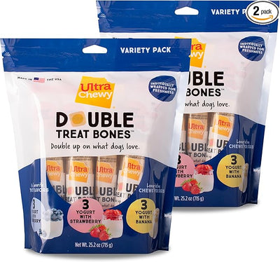Ultra Chewy Yogurt Double Treat Bones: Strawberry, Blueberry and Banana, Long-Lasting Dog Treats Made in USA for Large and Small Breeds, Highly Digestible (2 Packs)
