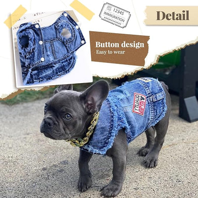 Cool Dog Jean Jacket Small Puppy Outfits Frenchie Clothes Denim Coats for Small Medium Dogs Cats Boys Girls Pet Vest Dog Shirt Clothing Doggy Costume (Blue Print, XL（Suggest 12-16 lbs）)