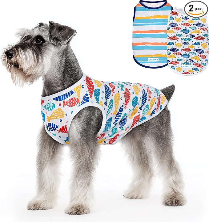 2pack Dog Cooling Shirt, Breathable Sleeveless Summer Clothes for Dogs, Intant Cool T Shirts for Small Dogs, Blue Fish M