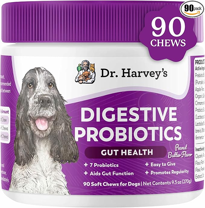 Dr. Harvey's Digestive Probiotic Soft Chews for Dogs, 9 Probiotics for Gut Health, Diarrhea and Bowel Support, Peanut Butter Flavor (90 Chews)