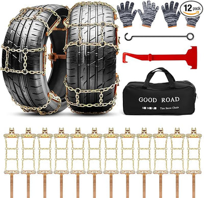 12 Pack Adjustable Snow Tire Chains for Tire Width 235-315mm Suv Truck Pickup, Quick Setup Easy Installation, Thickened Car Non Skid Car Chains