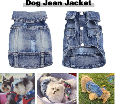 Jean Jacket Puppy Blue Denim Lapel Vest Coat Costume, Dog Boy Girl T-Shirt Clothes, Cool Funny Apparel Outfits, Machine Washable Dog Cat Outfits (S) Medium
