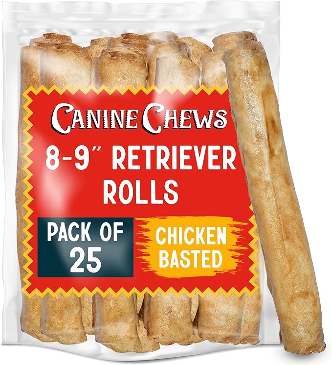 8-9" Chicken Basted Dog Rawhide Retriever Rolls (25 Pack) - USA-Sourced Chicken Basted Dog Chews - Healthy Dental Chews